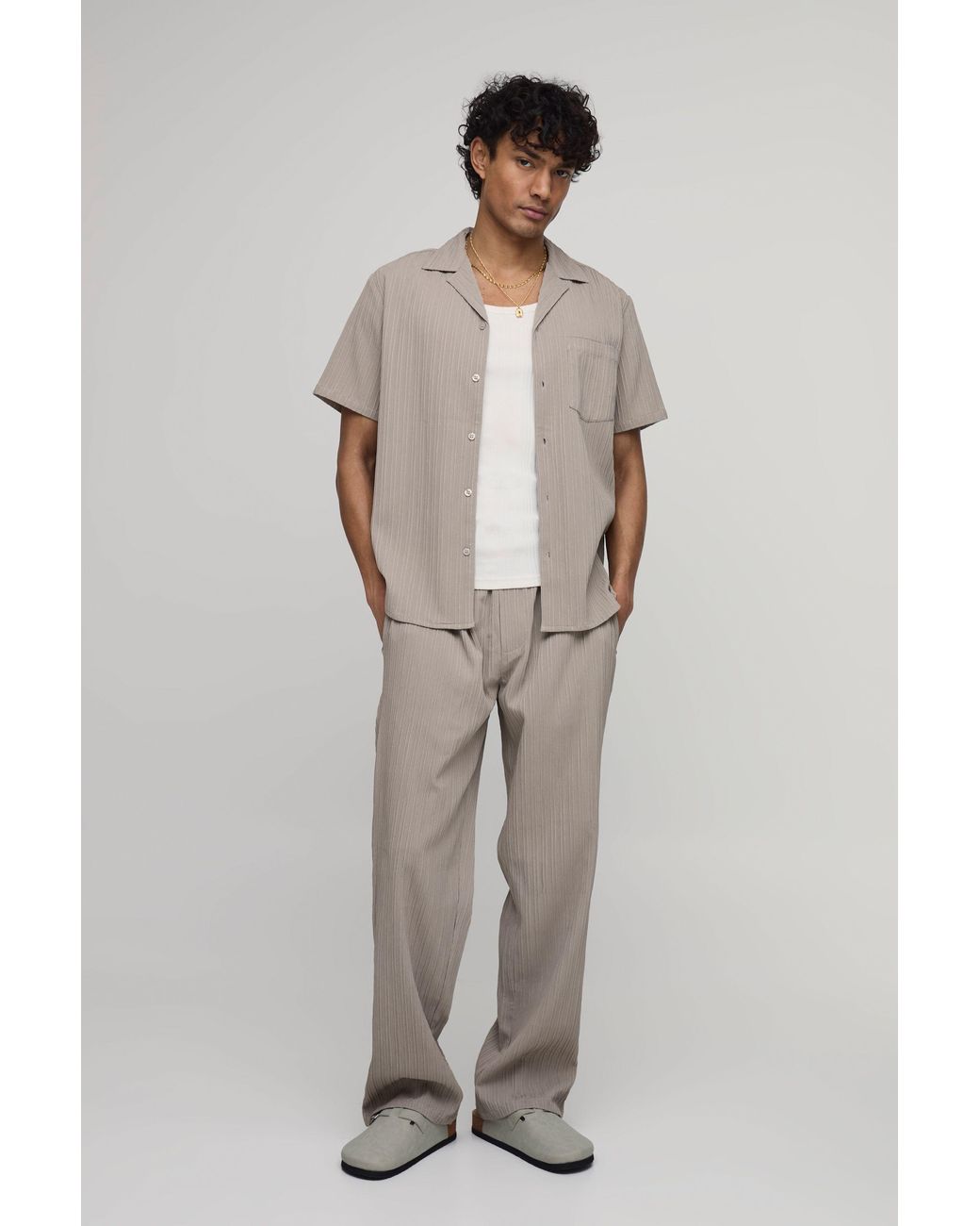 BoohooMAN Gray Regular Fit Irregular Pleat Texture Short Sleeve Shirt And Relaxed Trouser Set for men