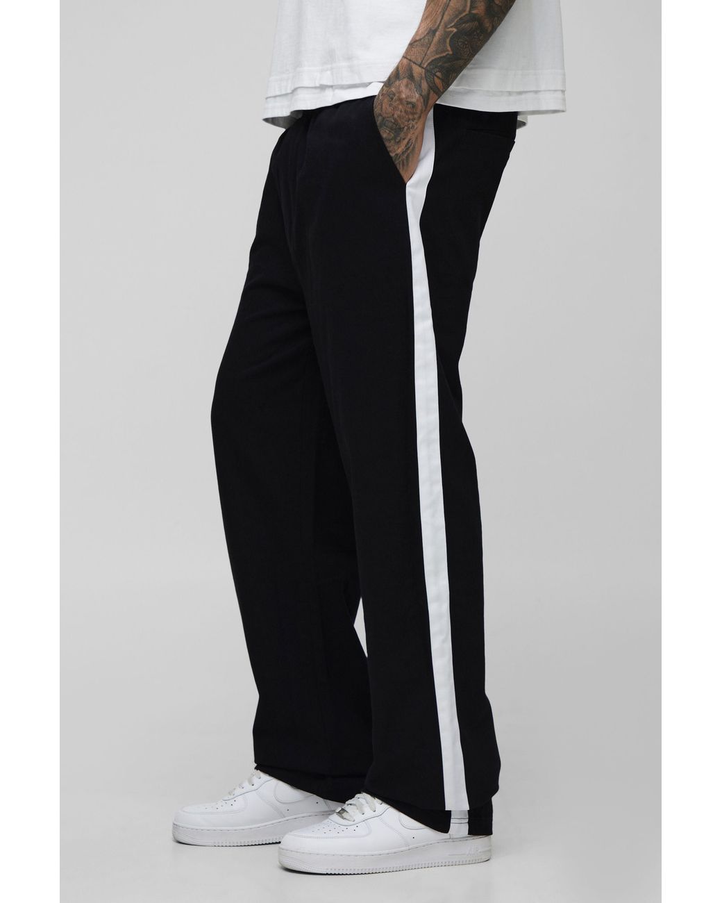 BoohooMAN Black Tall Elasticated Waist Relaxed Fit Pants With Side Panel for men