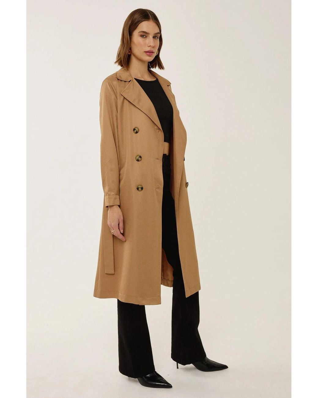Hiccup Natural Double-Breasted Belted Long Trench Coat