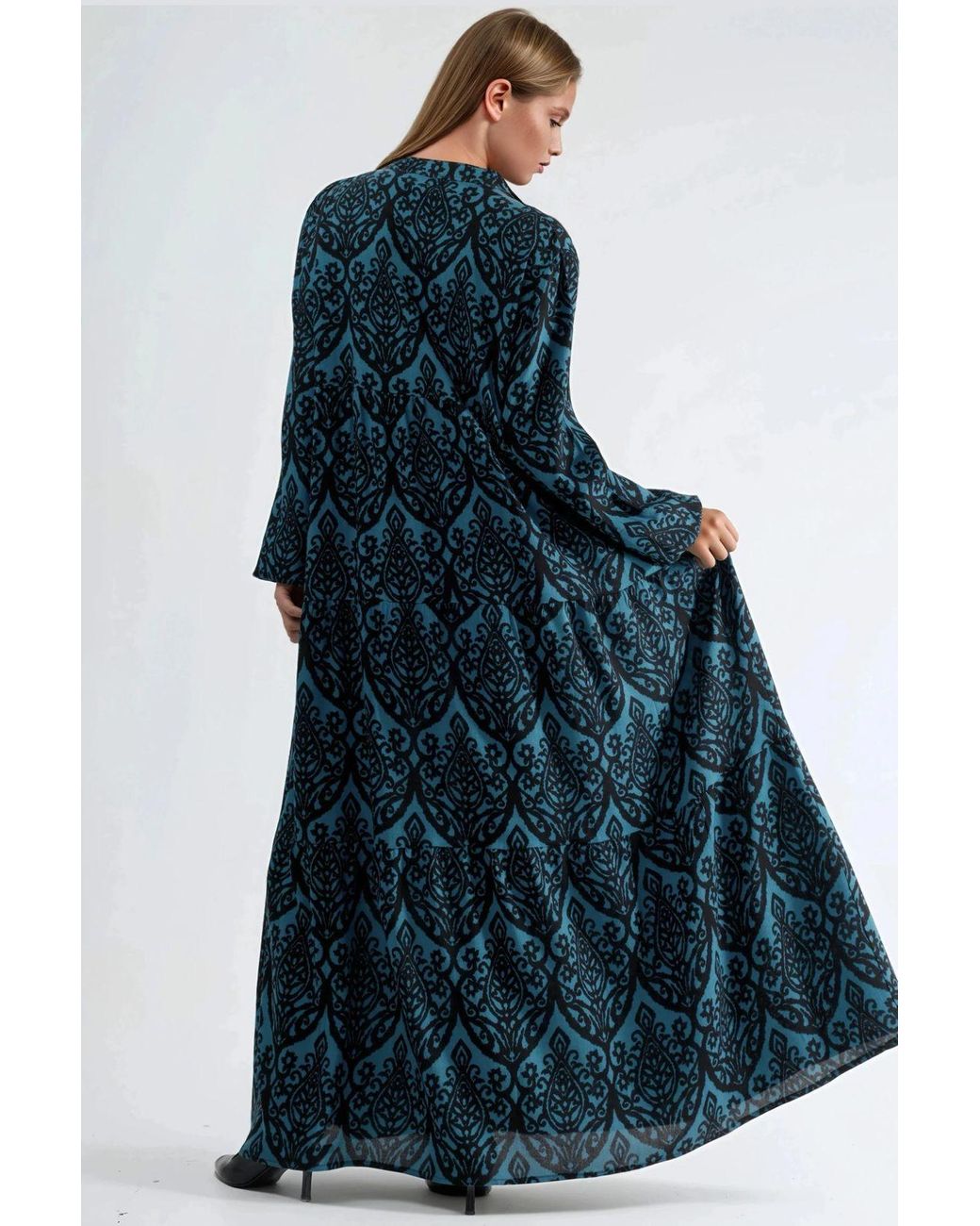 Hiccup Blue Comfort Fit Patterned Maxi Dress With V-Neck