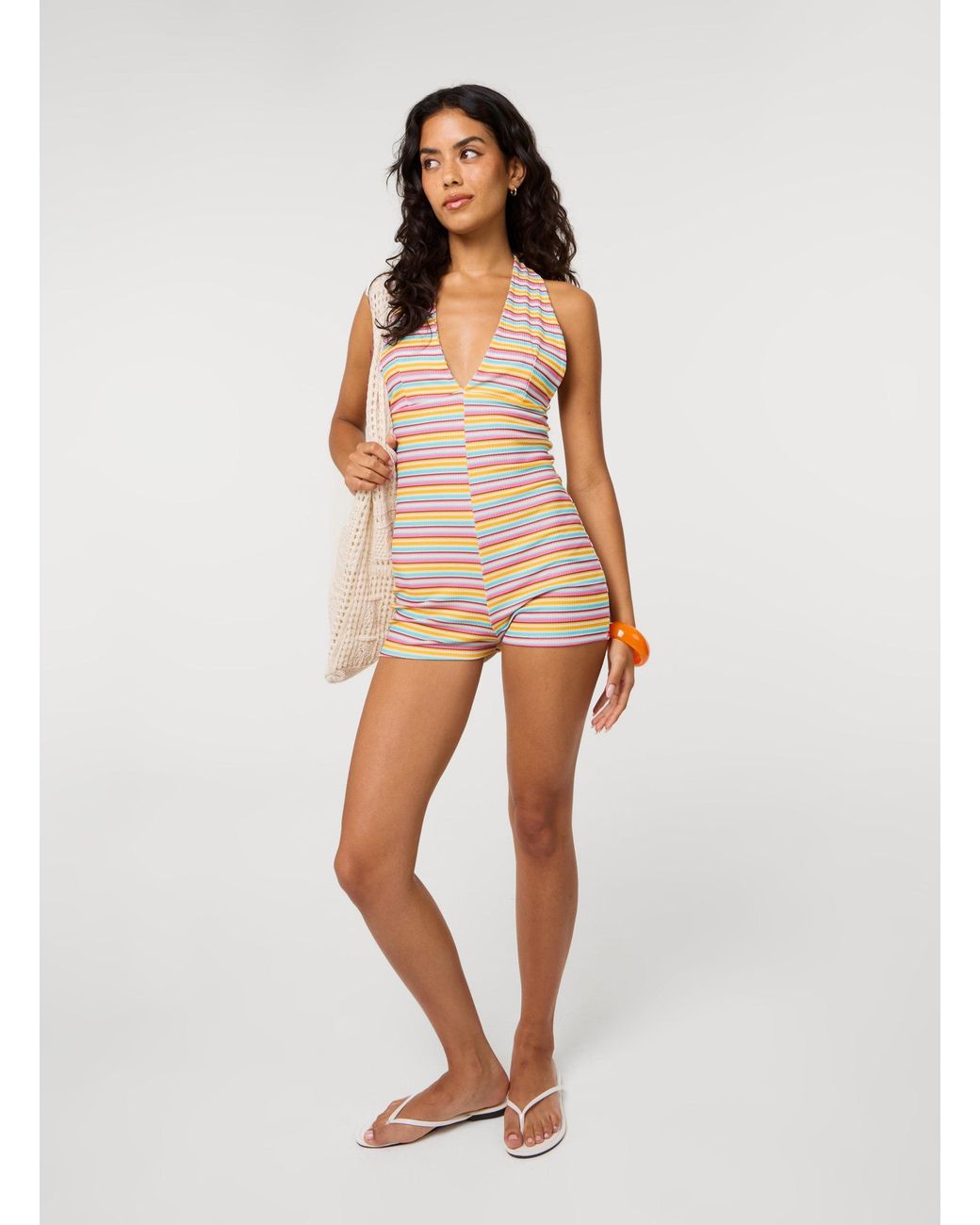 Pink Vanilla Multicolor Multi Stripe Halter Playsuit