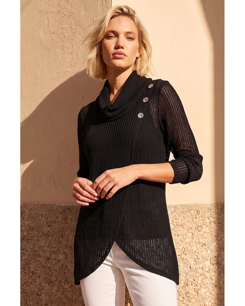 Roman Black Snit Textured Buttoned Top