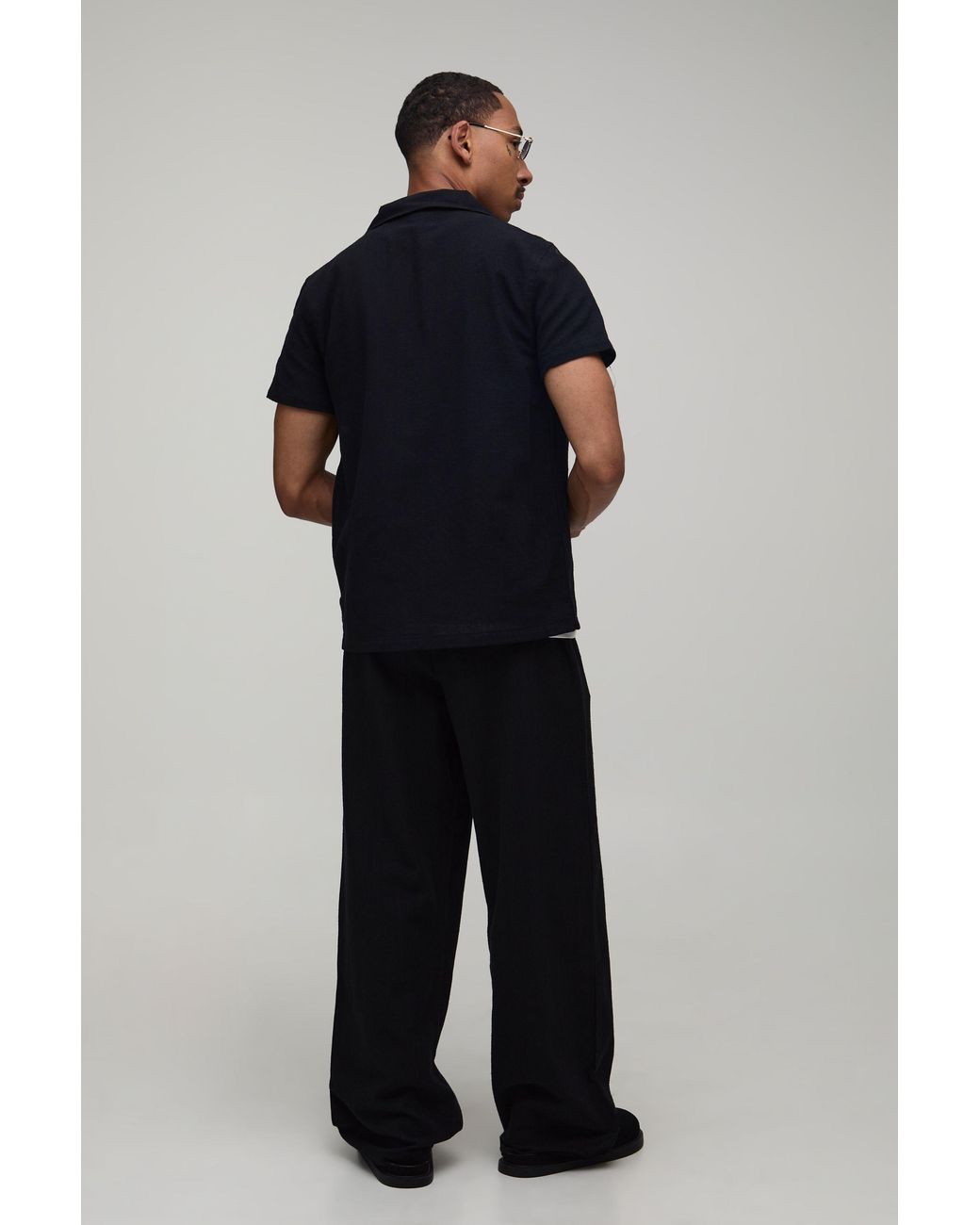 BoohooMAN Blue Textured Embroidered Regular Shirt & Wide Leg Trouser Set for men