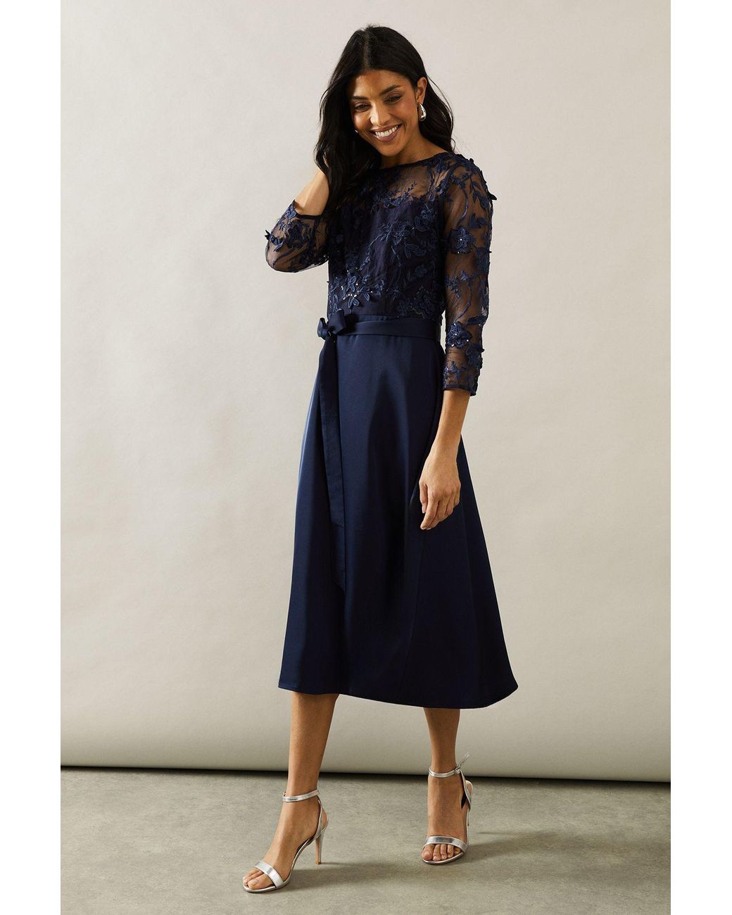 Wallis Satin And Mesh Overlay Fit And Flare Dress in Blue | Lyst UK