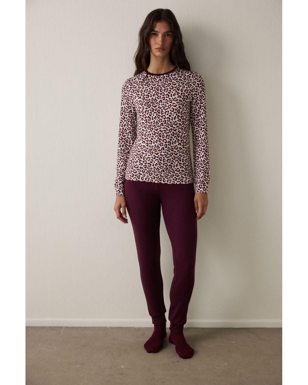 Penti Brown Leopard Print Long Sleeve Thermal Effect Pajama Top