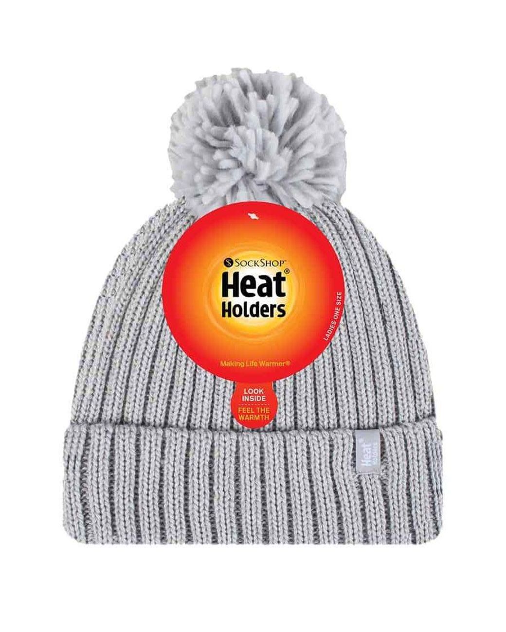 Heat Holders Gray Ladies Ribbed Cuffed Thermal Insulated Winter Pom Pom Bobble Hat