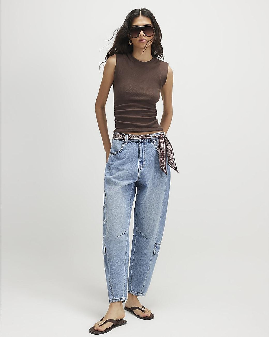 River Island Blue Barrel Leg Jeans Utility Pleat Cotton