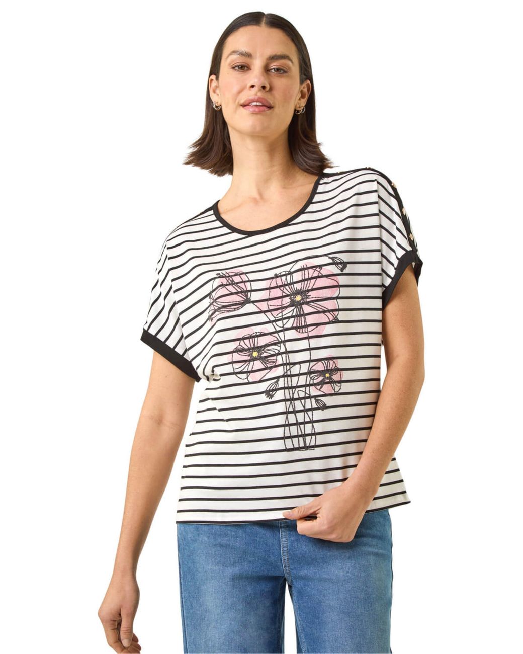 Roman White Floral Stripe Print T-Shirt