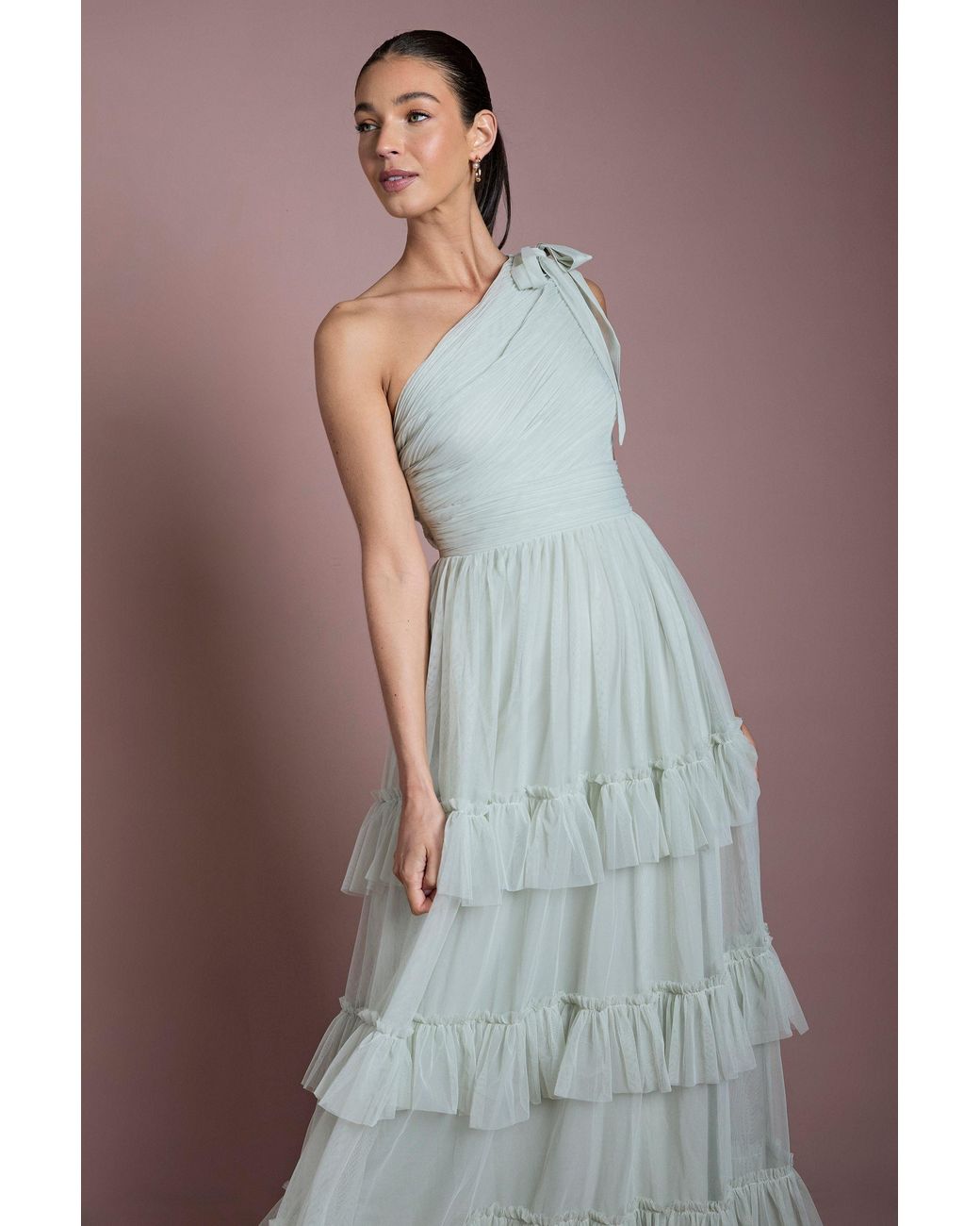 Oasis Brown Sage Pleated Mesh One Shoulder Tiered Maxi Bridesmaid Dress