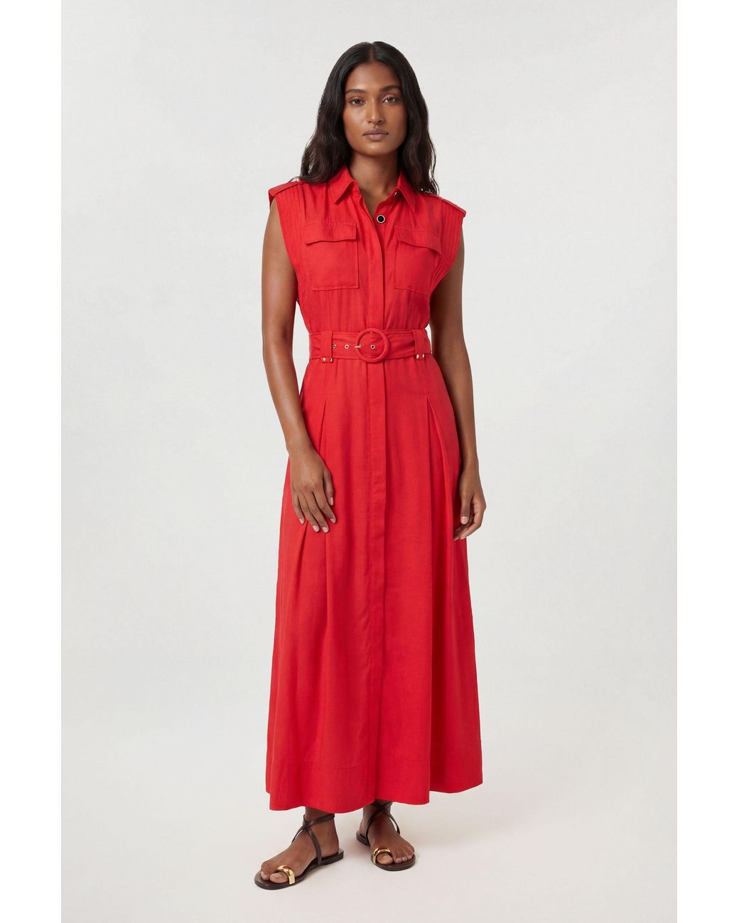 Karen Millen Red Premium Viscose Linen Belted Woven Midaxi Dress With Hardware Detail