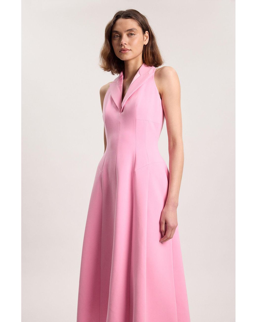 Karen Millen Pink Compact Stretch Seam Detail Tailored Full Skirted Midi Dress