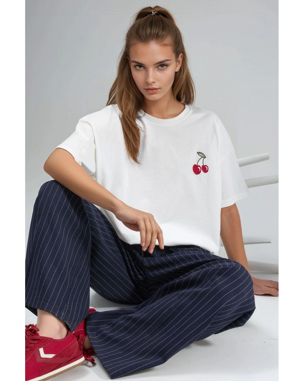 Hiccup White Oversized Embroidered Knitted T-Shirt