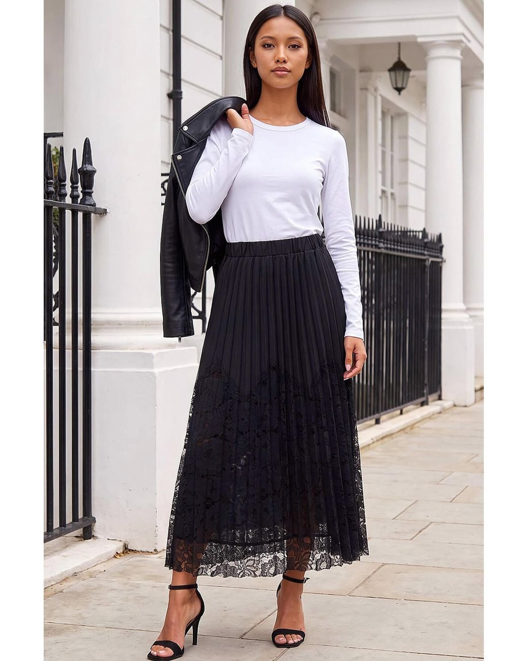 Roman Black Petite Lace Pleated Skirt