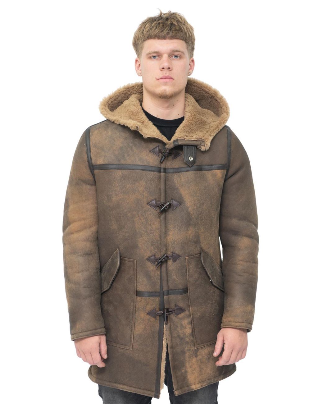 Infinity Leather Brown Antique Sheepskin Duffle Coat-Arona for men