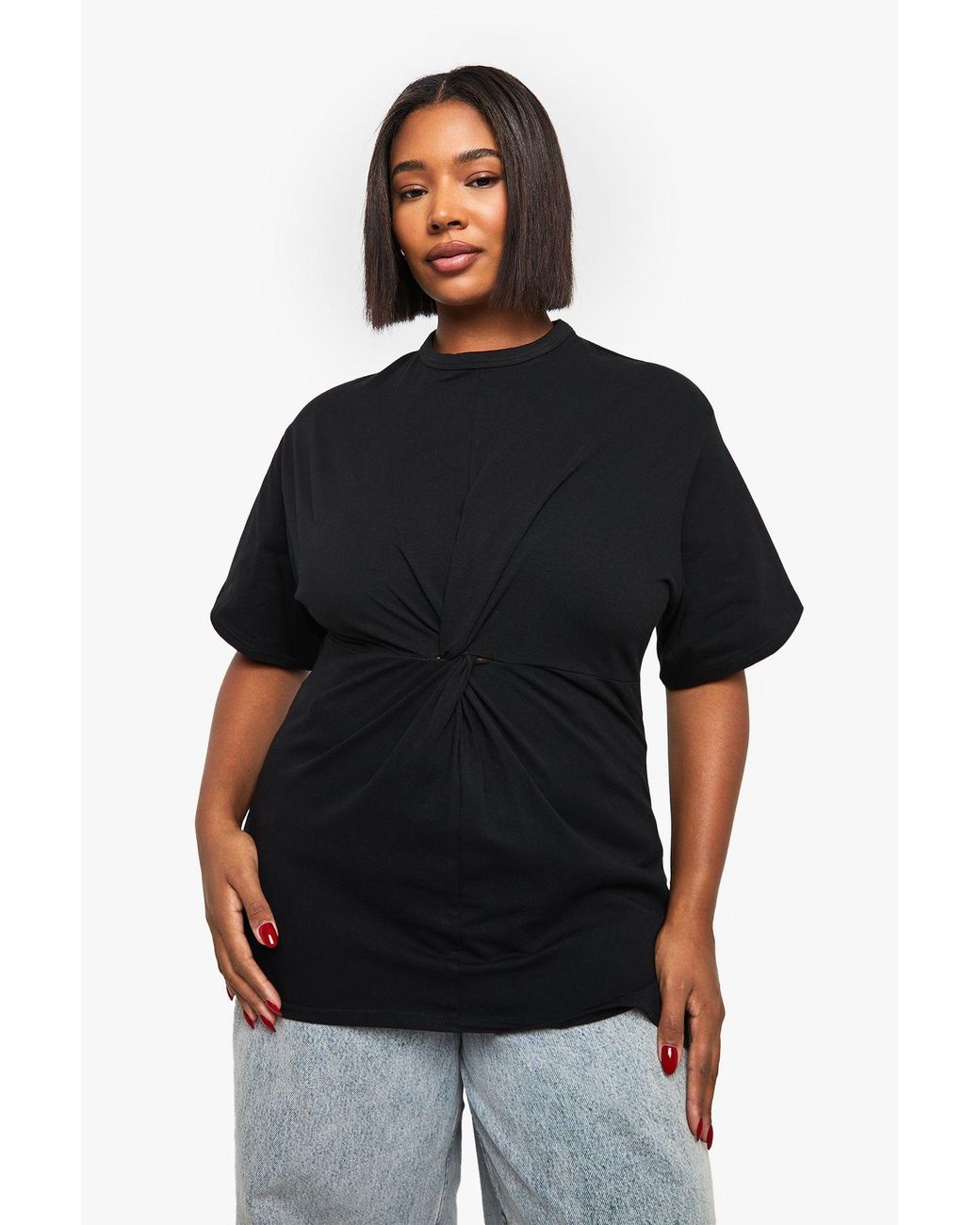 Boohoo Black Plus Ruched Knot Detail Short Sleeve Top