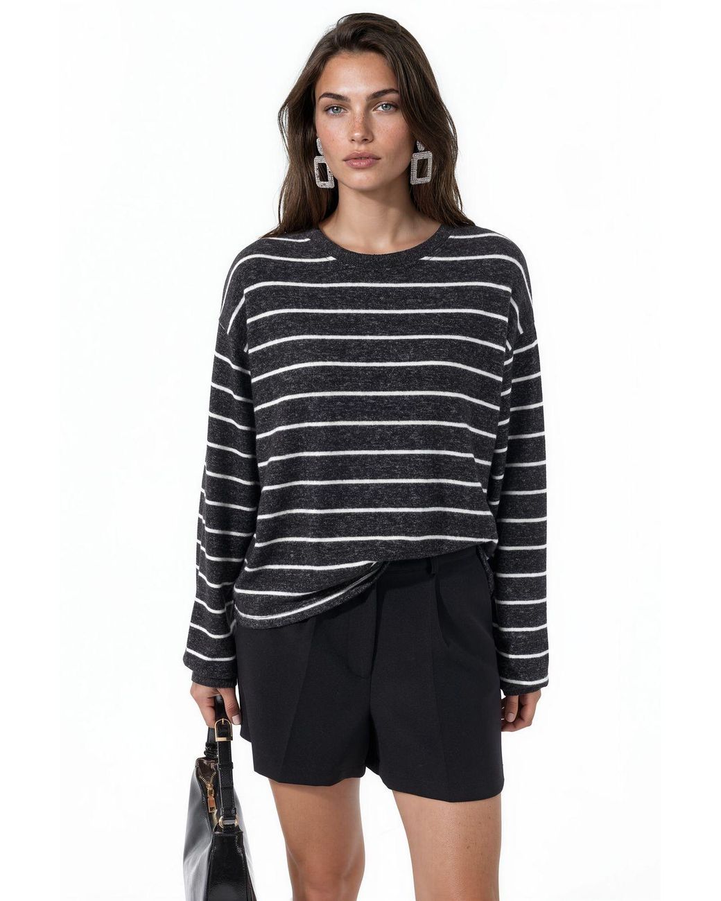 Busem Black Striped Ribbed Crew Neck Sweater