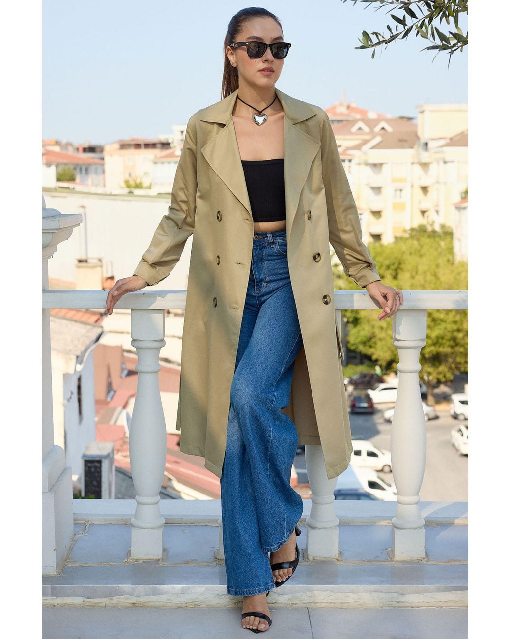 Bigdart Blue Double Breasted Long Trench Coat