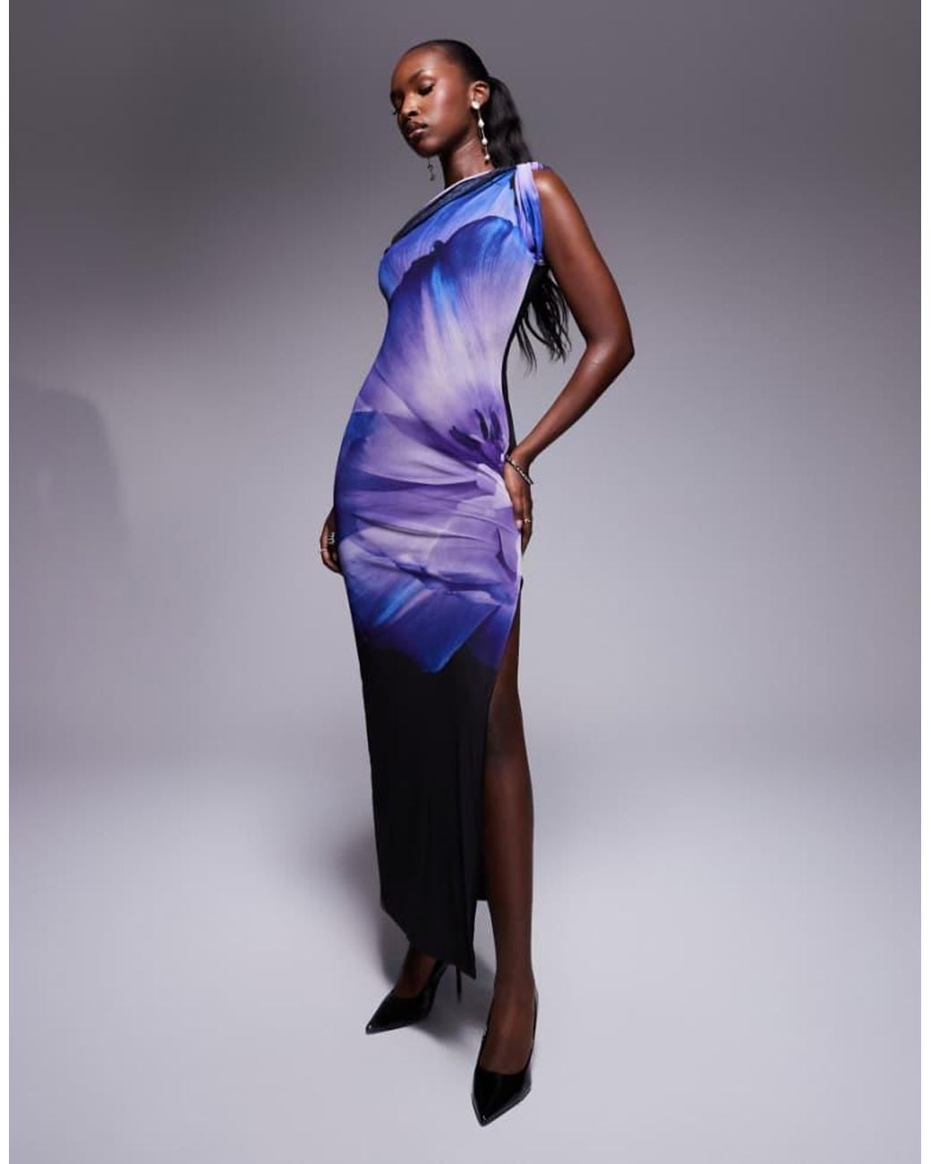 Kaiia Blue Exclusive Mesh Thigh Split One Shoulder Twist Detail Maxi Dress