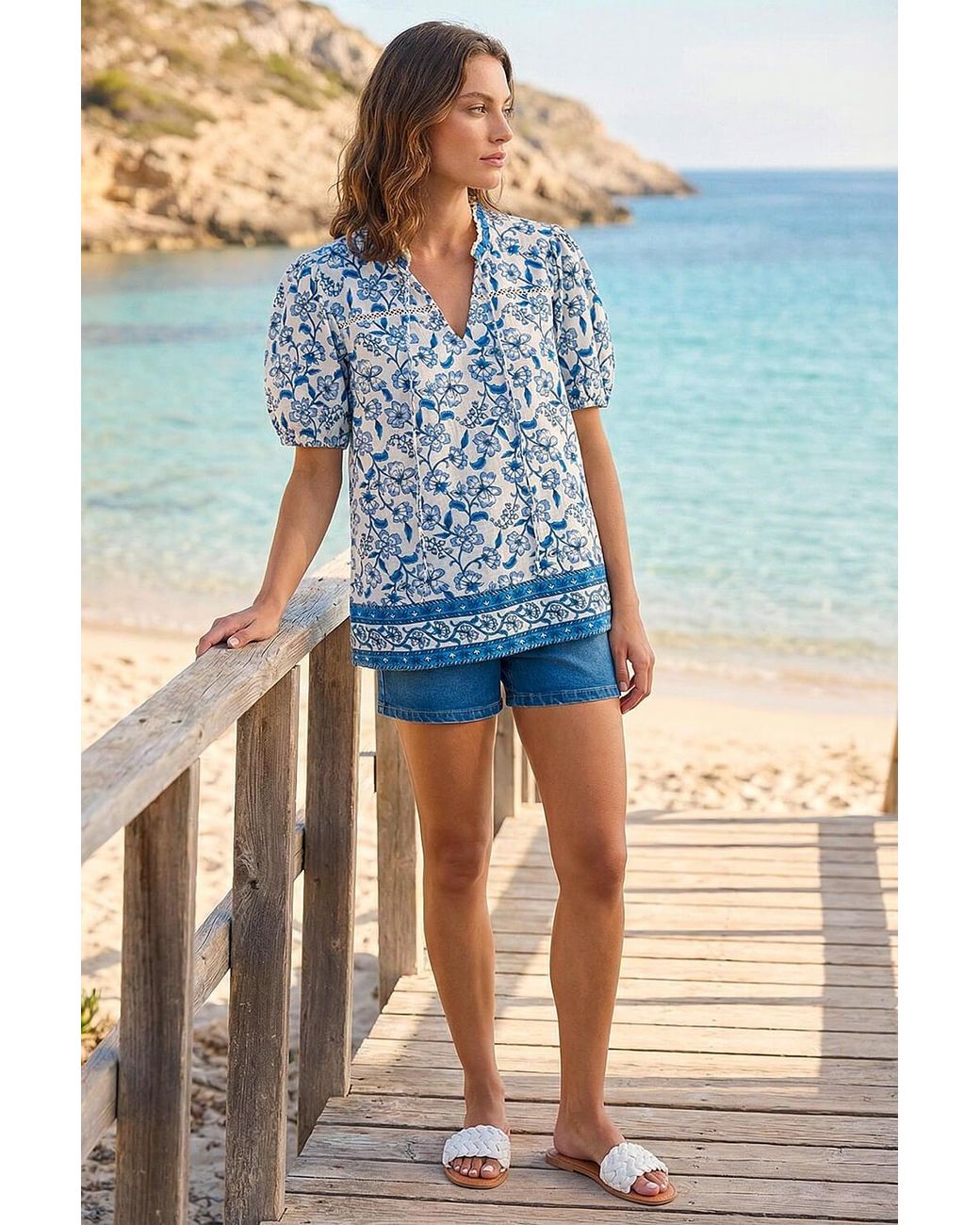 Roman Blue Petite Floral Border V-Neck Top