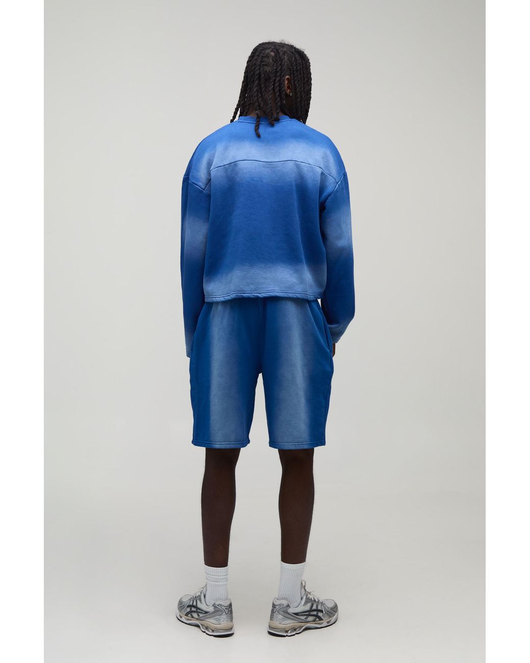 BoohooMAN Blue Shrunken Panel Wash Sweatshirt Short Tracksuit for men