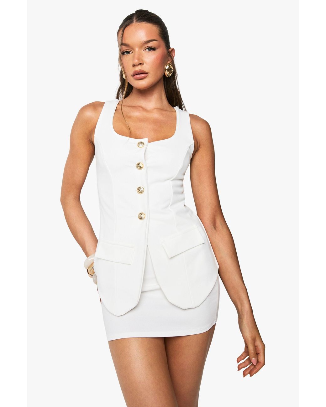 Boohoo White Button Through Longline Waistcoat And Mini Skirt Co-Ord