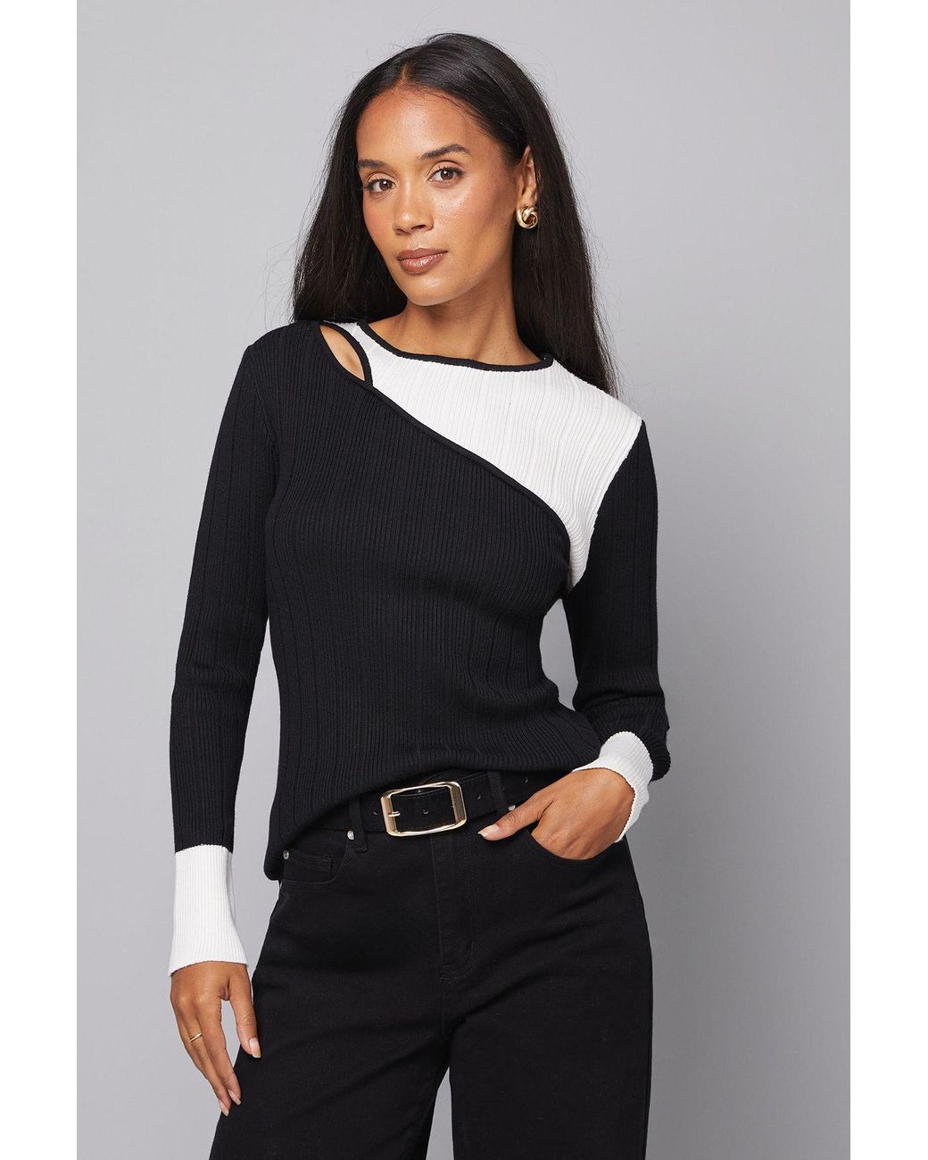Wallis Black Colour Block Rib Detail Knitted Top
