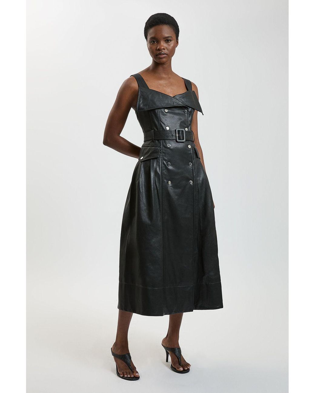 Karen Millen Black Faux Leather Trench Midi Dress