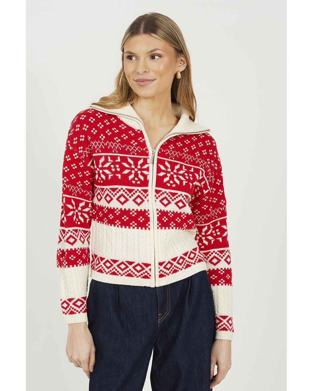 Brave Soul Red Zip Through Fairisle Christmas Cardigan