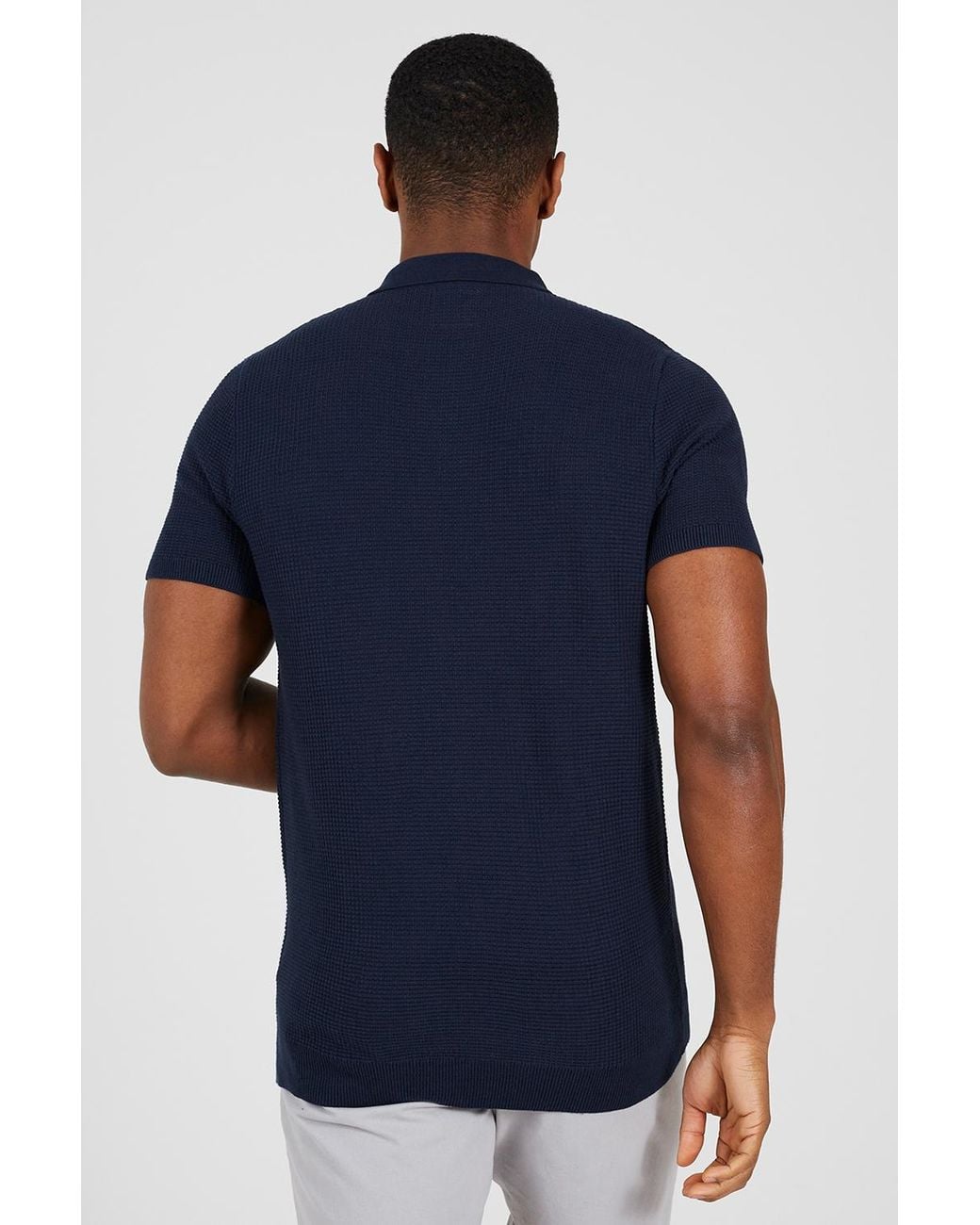 Brave Soul Blue Dark Cotton Waffle Knit Embroidered Polo Shirt for men