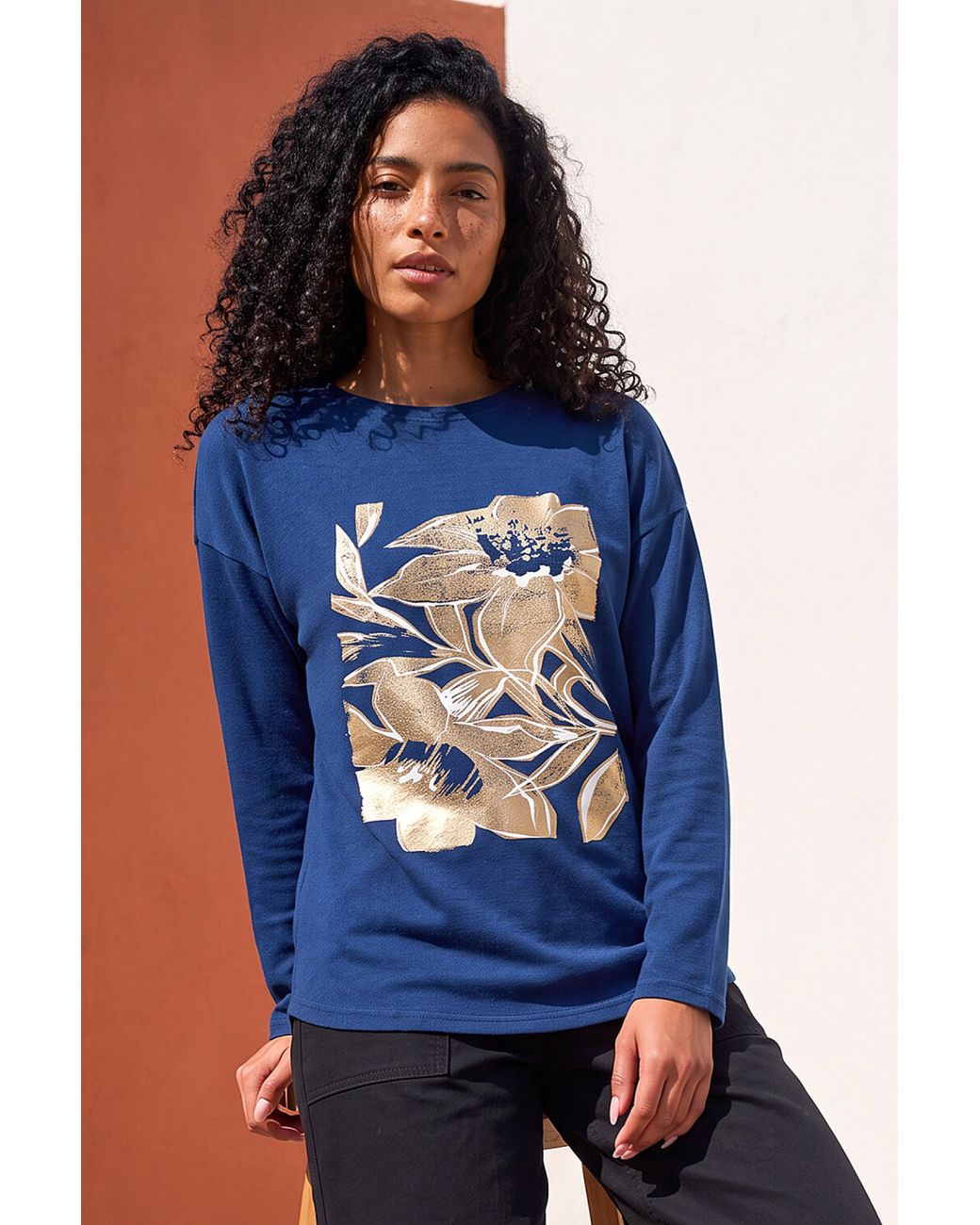 Roman Blue Floral Foil Print Snit Top