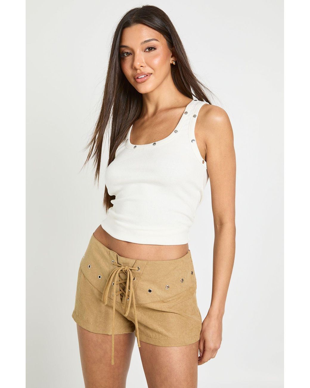 Boohoo White Lace Up Stud Detail Shorts