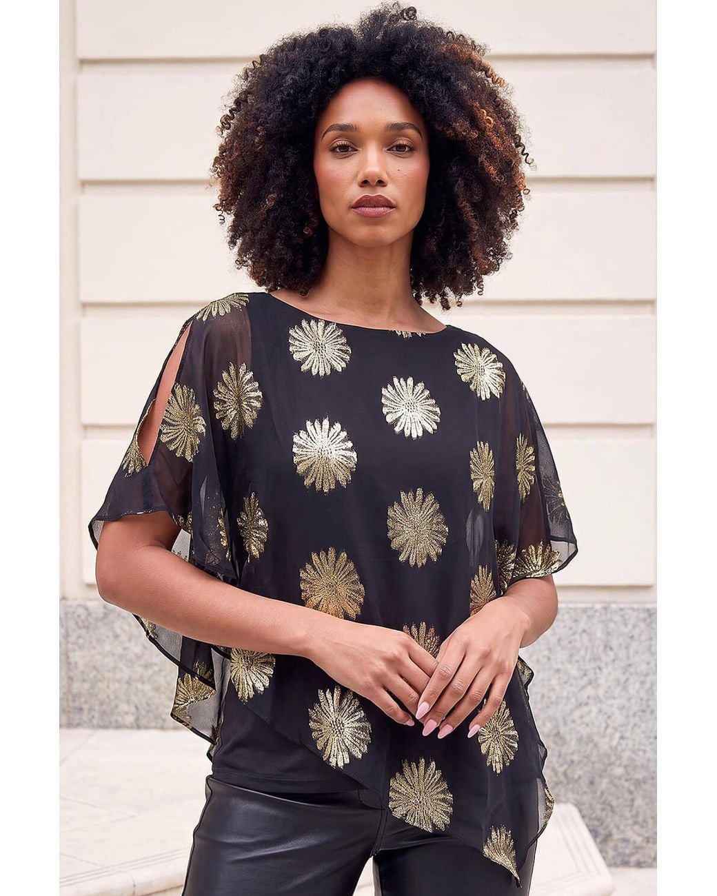 Roman Black Floral Overlay Top