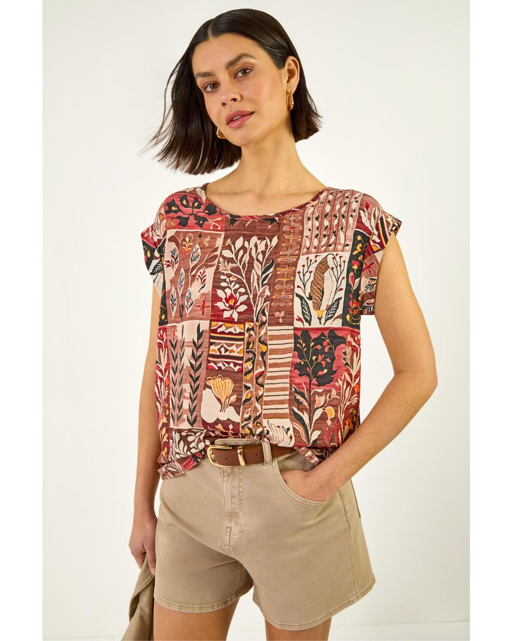 Roman Multicolor Patchwork Print Shell Top