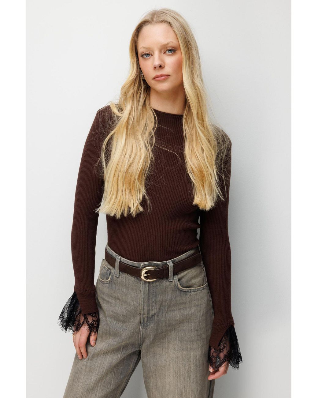 MixRay Brown Slim Fit Ribbed Knit Sweater With Crew Neck
