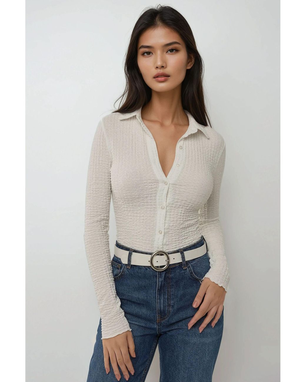 Hiccup White Slim Fit Textured Long Sleeve Top