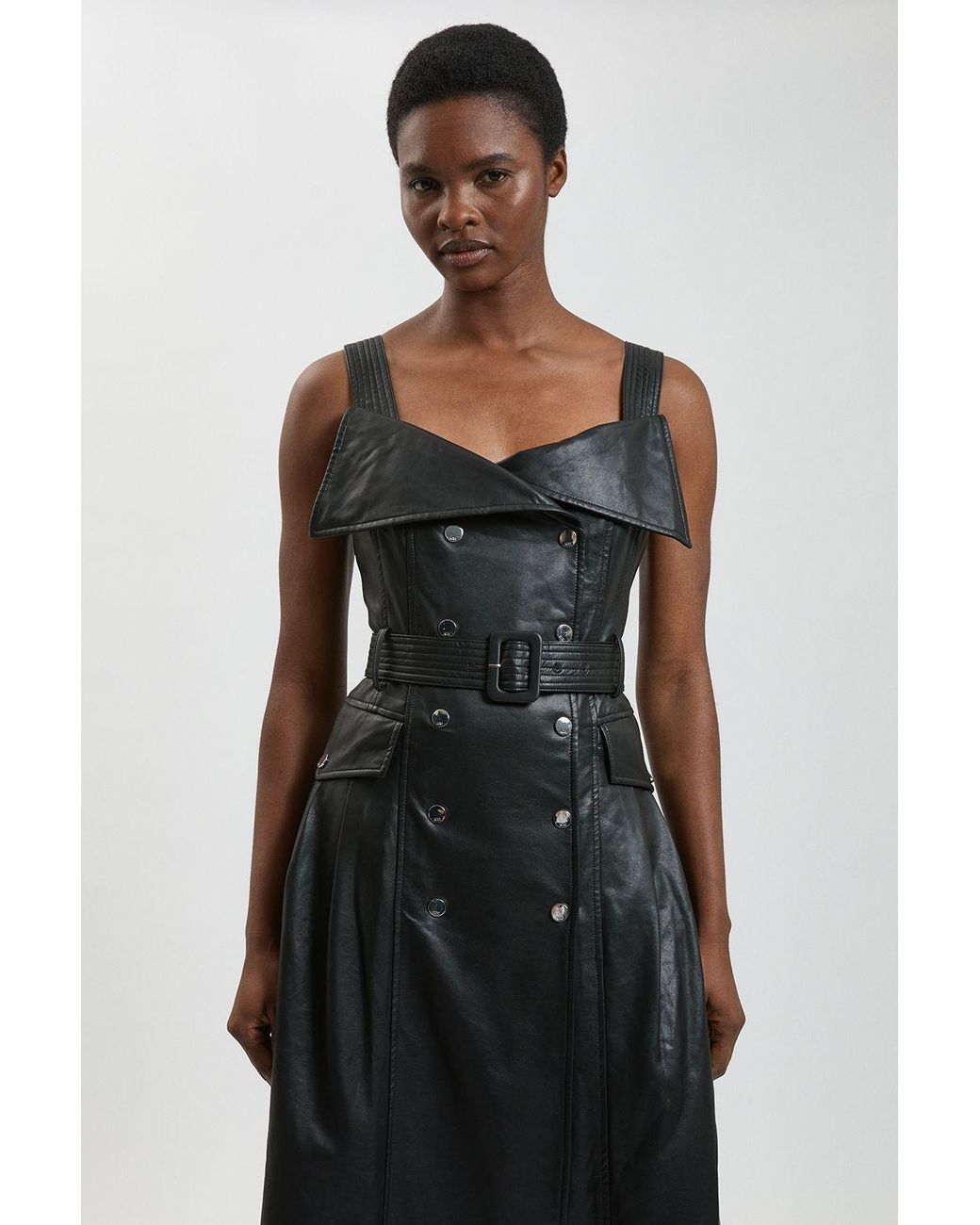 Karen Millen Black Faux Leather Trench Midi Dress