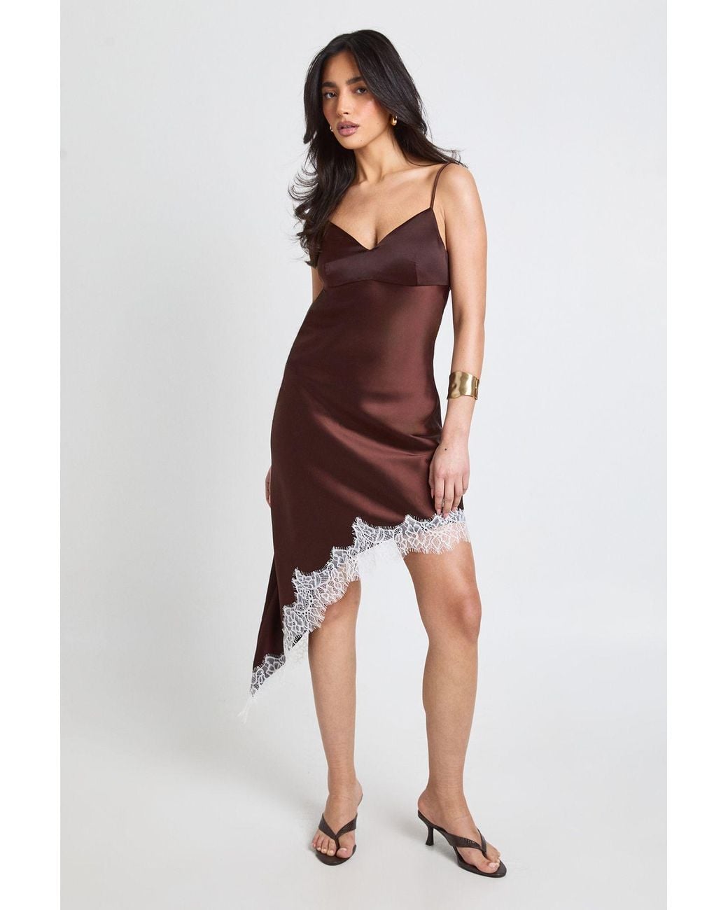 Boohoo Brown Satin & Lace Asymmetric Slip Dress