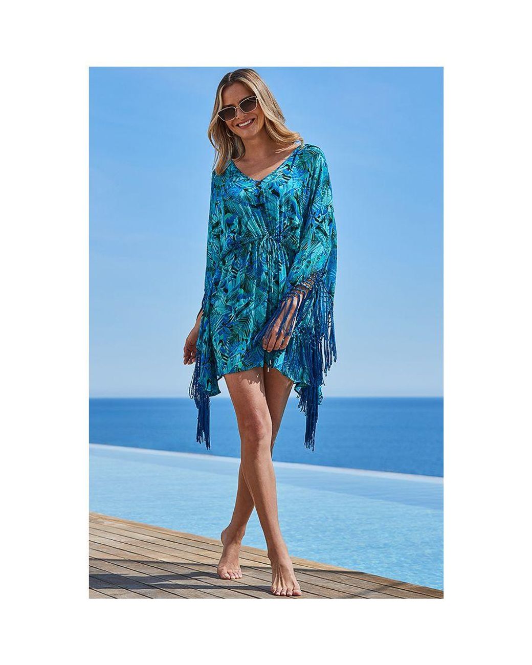 Sosandar Blue Palm Print Fringe Detail Kaftan