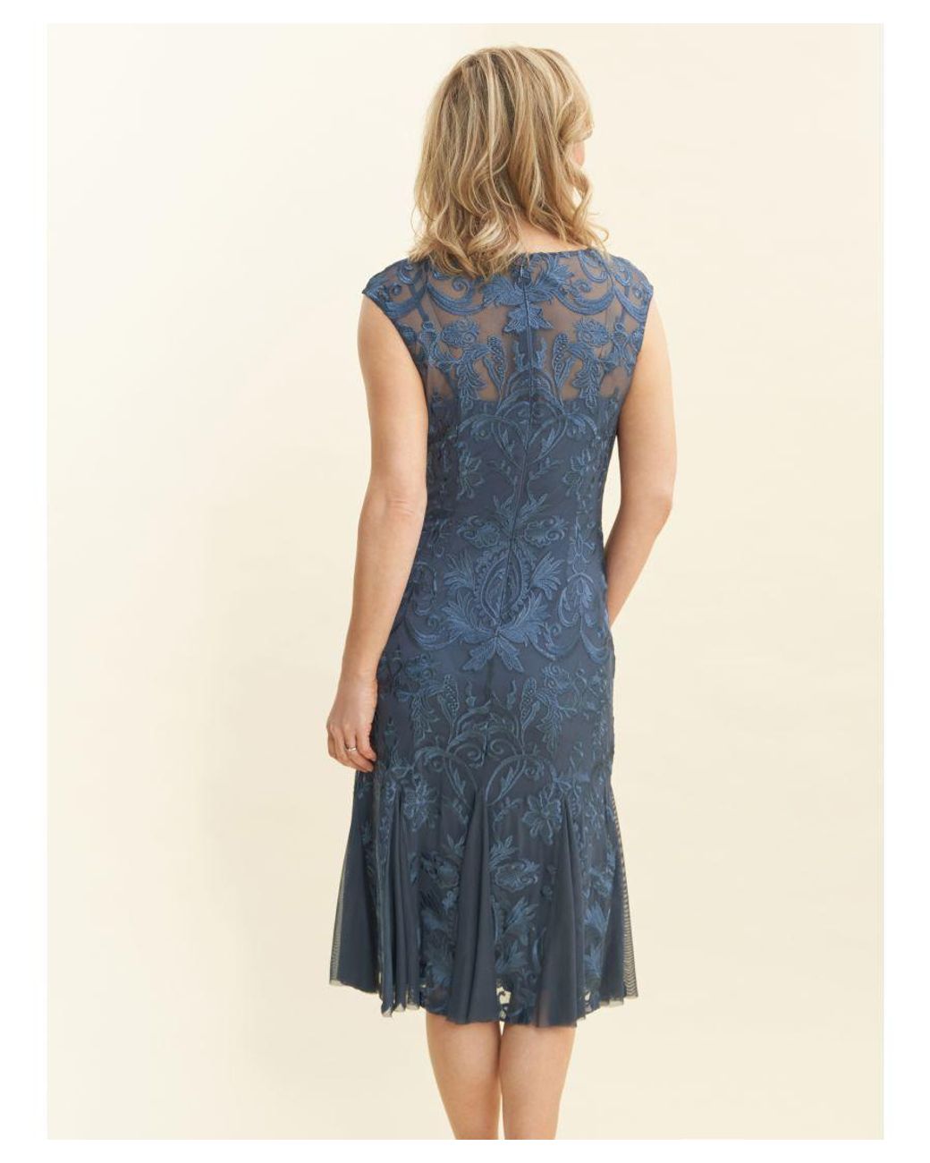 Gina Bacconi Blue Rosia Brocade Midi Cocktail Dress