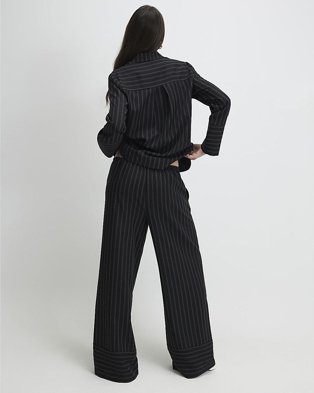 River Island Black Wide Leg Trousers Striped Turned Up Hem