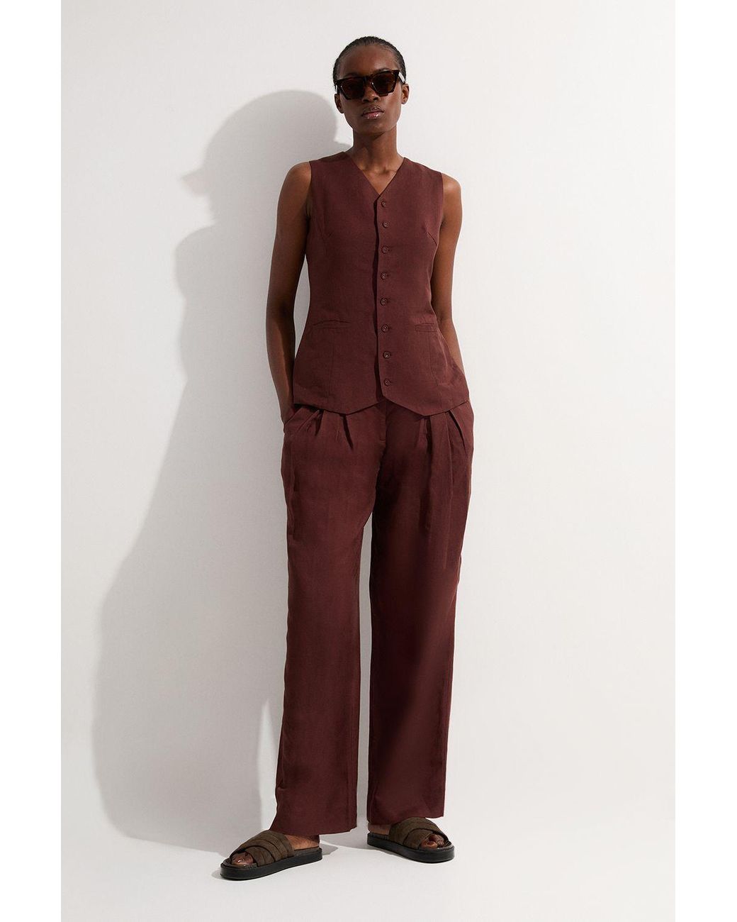 Karen Millen Purple Viscose Linen Pleat And Pocket Detail Woven Straight Leg Trouser