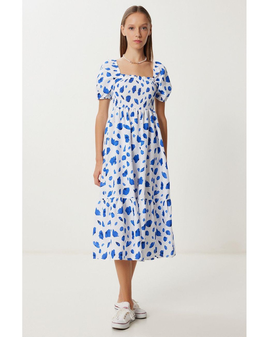 Happiness İstanbul Blue Frilly Abstract Print A-Line Midi Dress With Square Collar