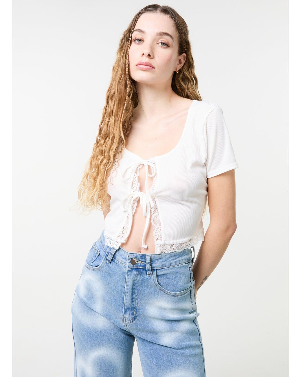 Pink Vanilla White Ribbed Lace Tie Front Top