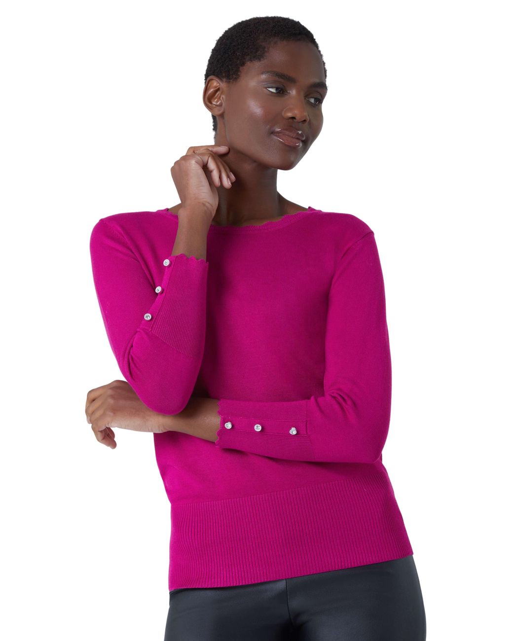Roman Pink Diamante Button Scallop Edge Jumper