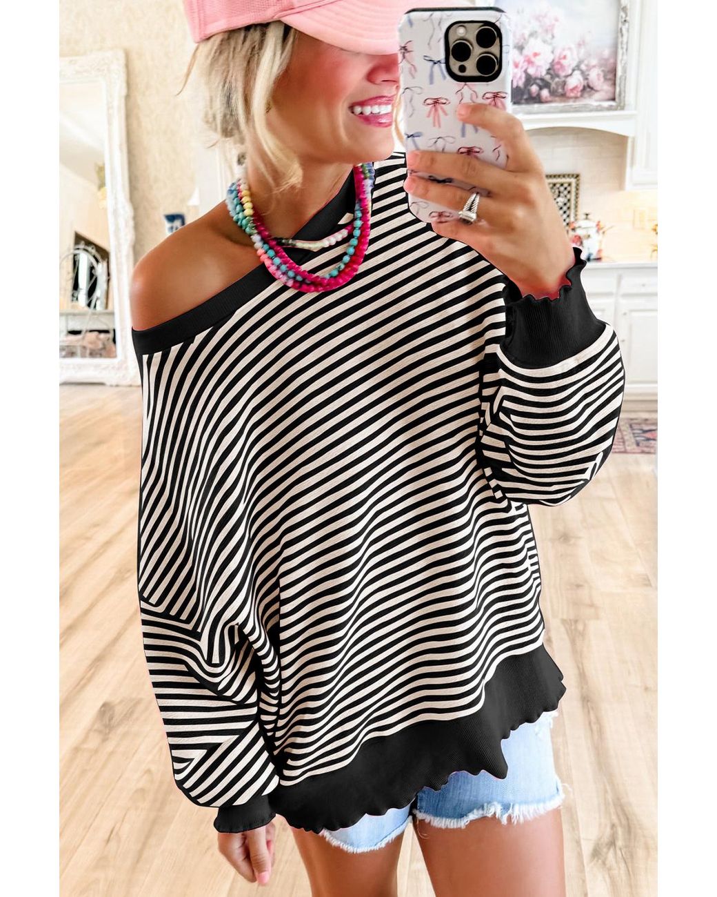Azura Exchange Black Striped Pullover Top Relaxed Fit