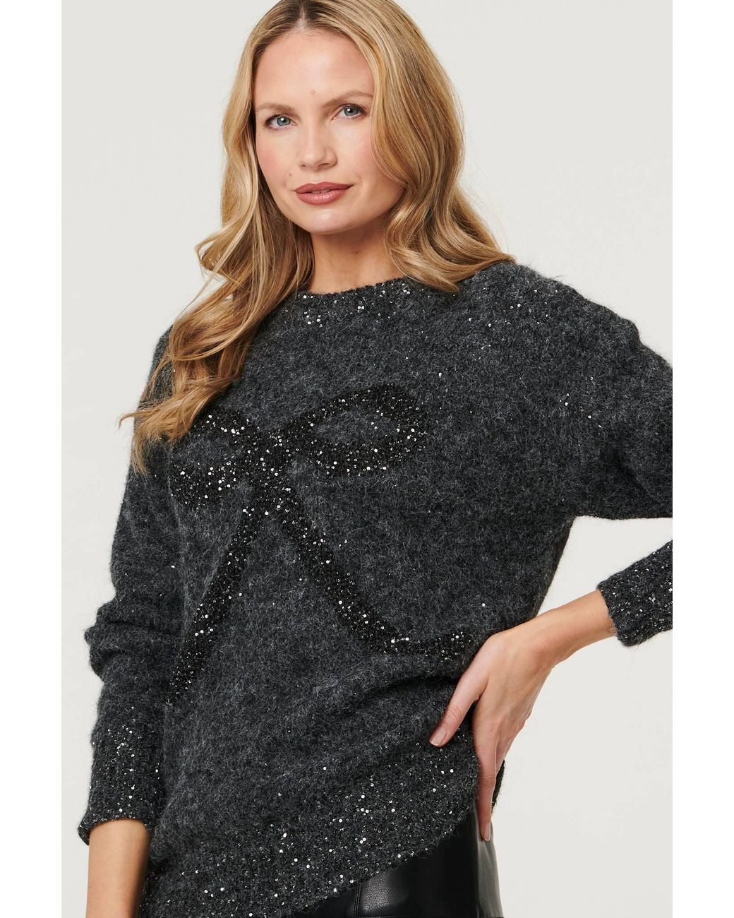 Izabel London Black Sparkle Texture Bow Print Jumper