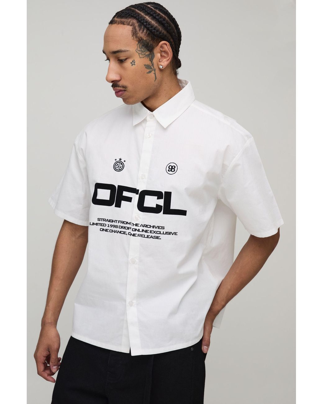 BoohooMAN White Boxy Fit Circa 98 Flock Print Short Sleeve Shirt for men