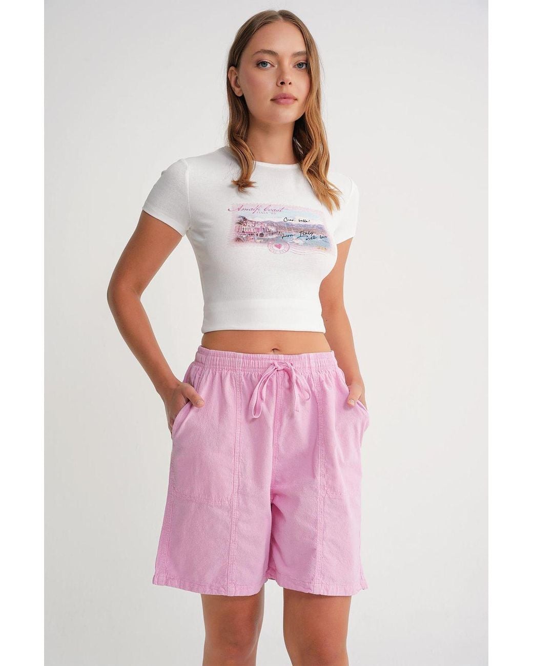 MixRay Pink High Waist Cotton Drawstring Mini Shorts