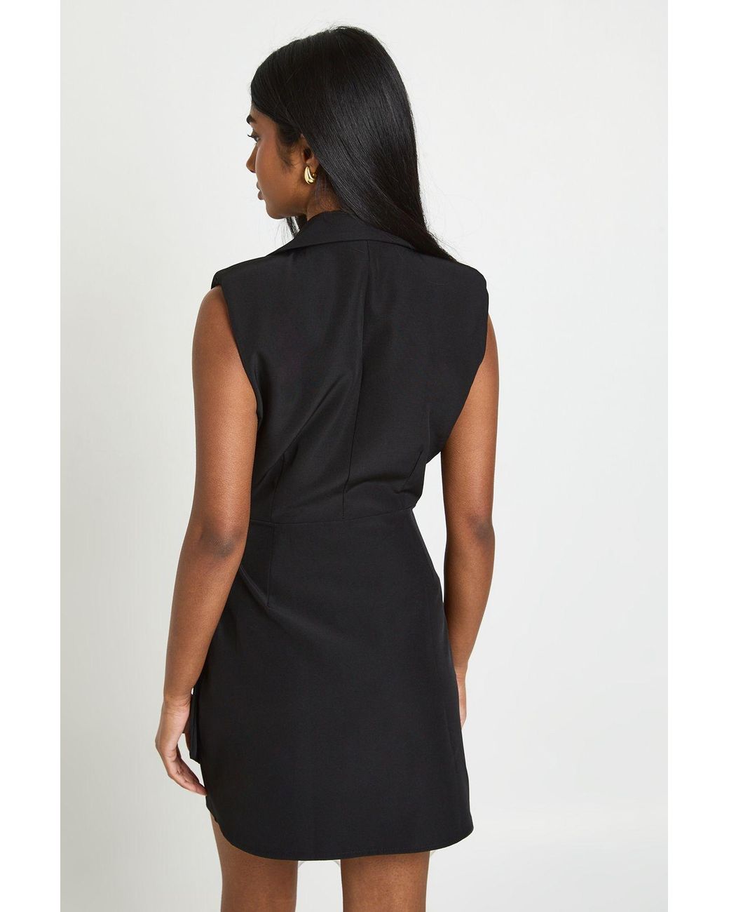 Boohoo Black Sleeveless Shoulder Pad Buckle Detail Blazer Dress