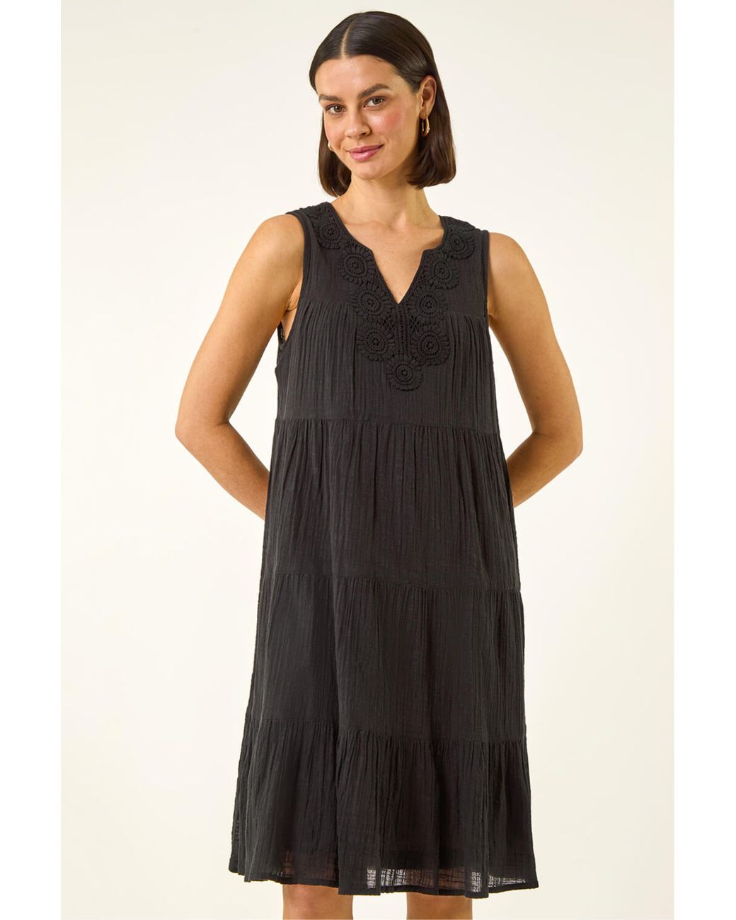 Roman Black Cotton Trim Detail Smock Dress